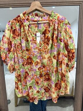Anthropologie Floral Puff-Sleeve Sheer Blouse